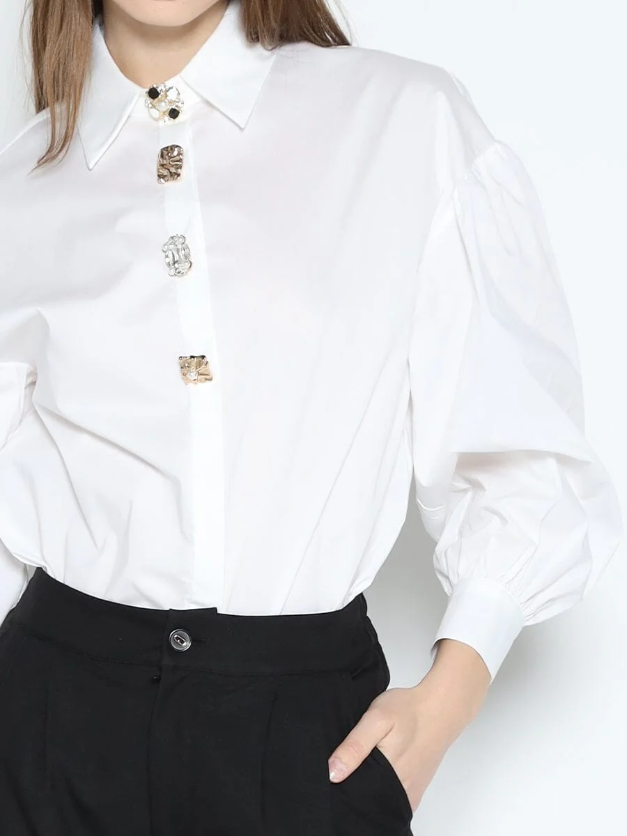 Long Puff Sleeve Button Detail Cotton Shirt - Image 3