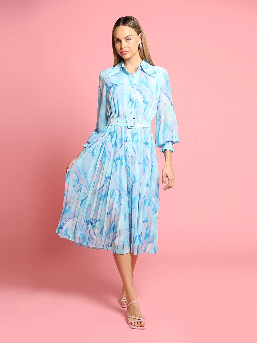 Long Sleeve Belted Smocked Cuffs Print Dress