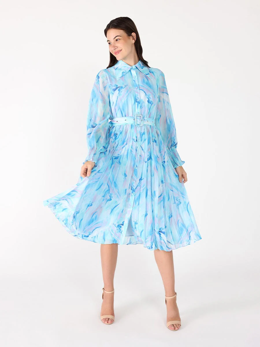 Long Sleeve Belted Smocked Cuffs Print Dress - Image 2