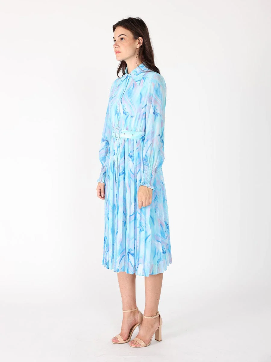 Long Sleeve Belted Smocked Cuffs Print Dress - Image 3