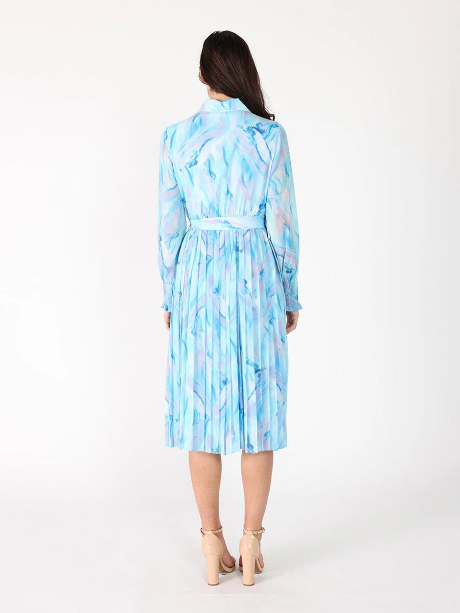Long Sleeve Belted Smocked Cuffs Print Dress - Image 4