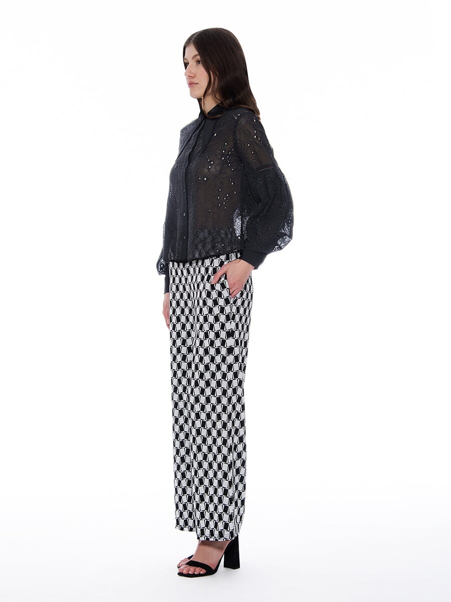 Long Sleeve Button Cuff Eyelet Collared Top - Image 3