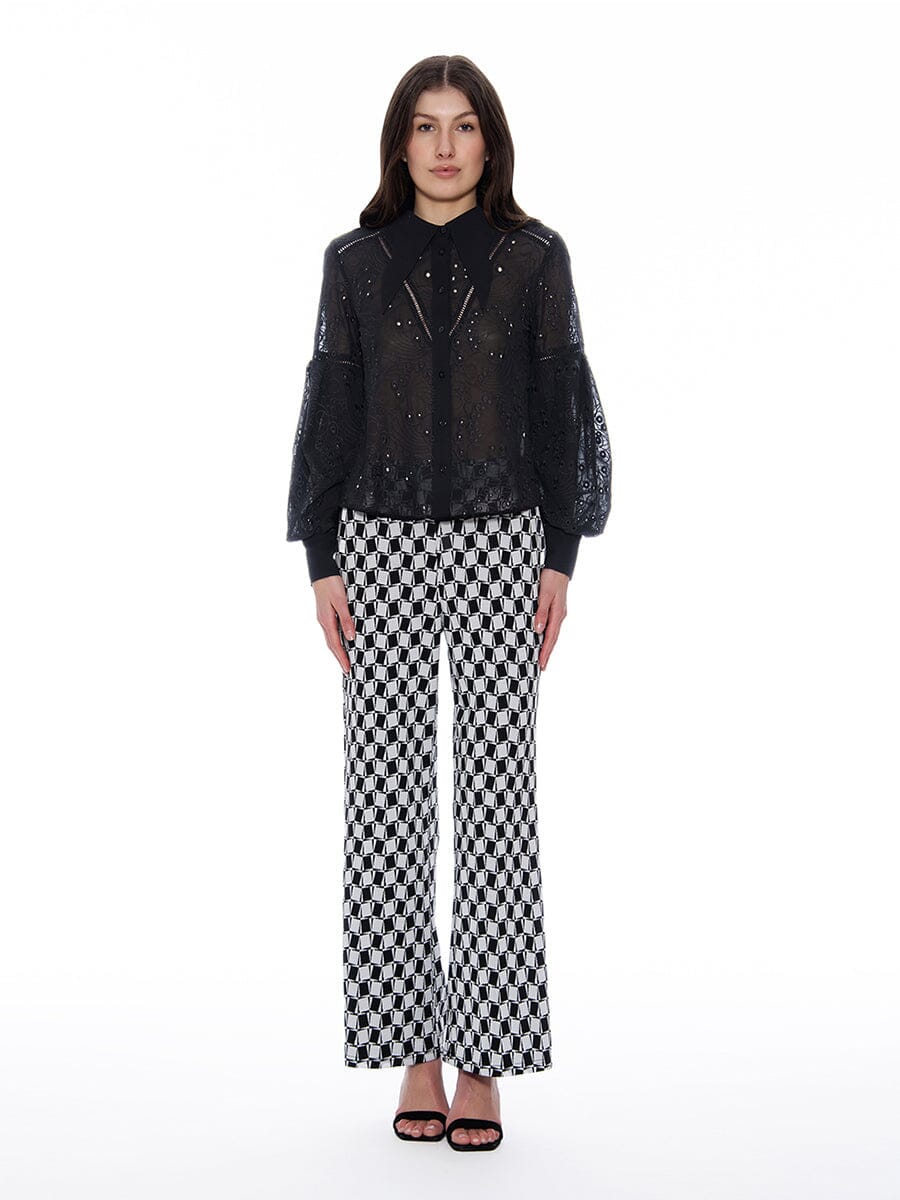 Long Sleeve Button Cuff Eyelet Collared Top - Image 4