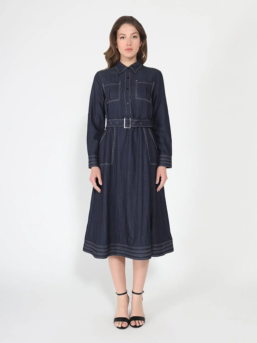 Long sleeve contrast stitch denim midi dress