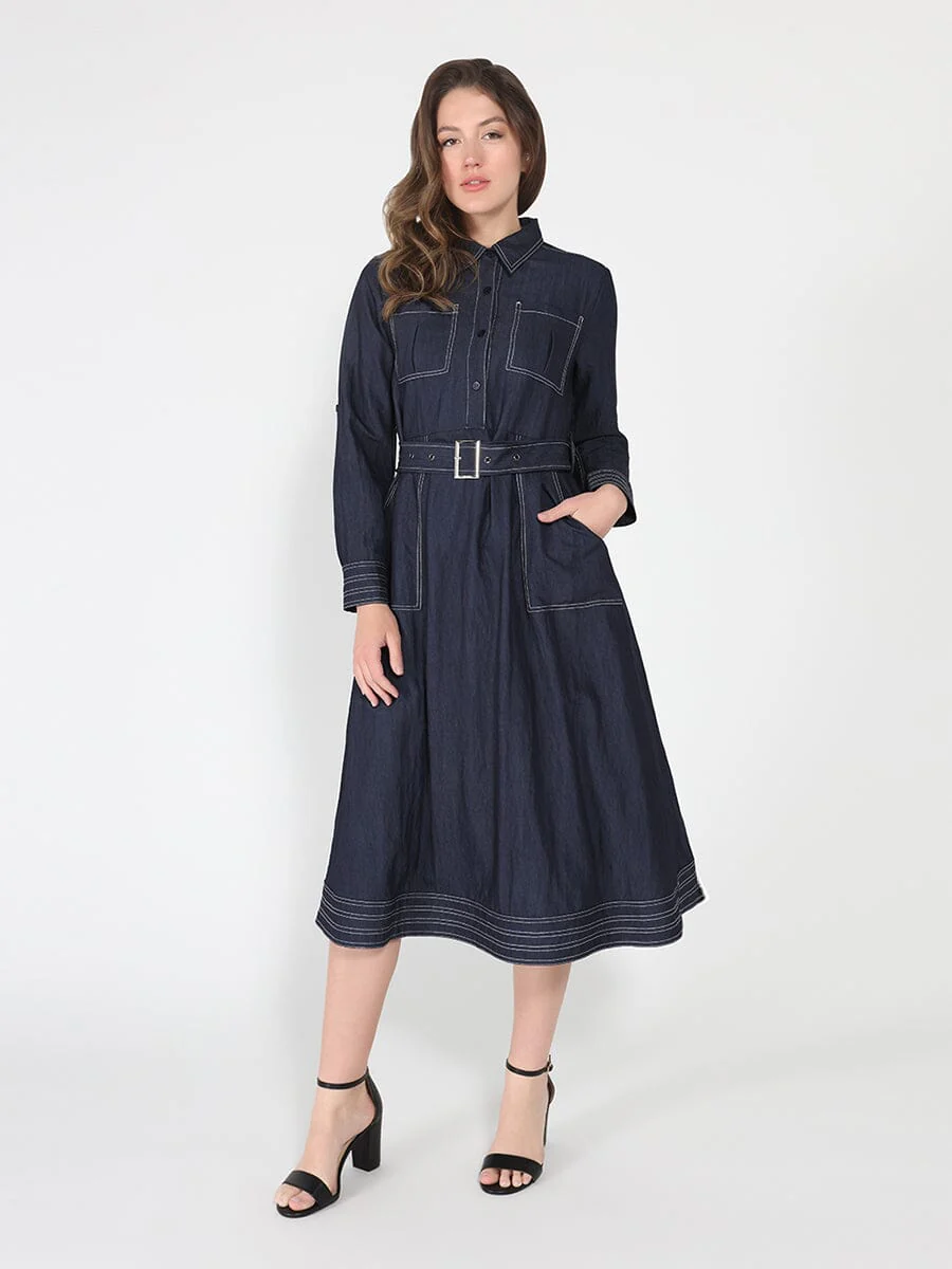 Long sleeve contrast stitch denim midi dress - Image 2