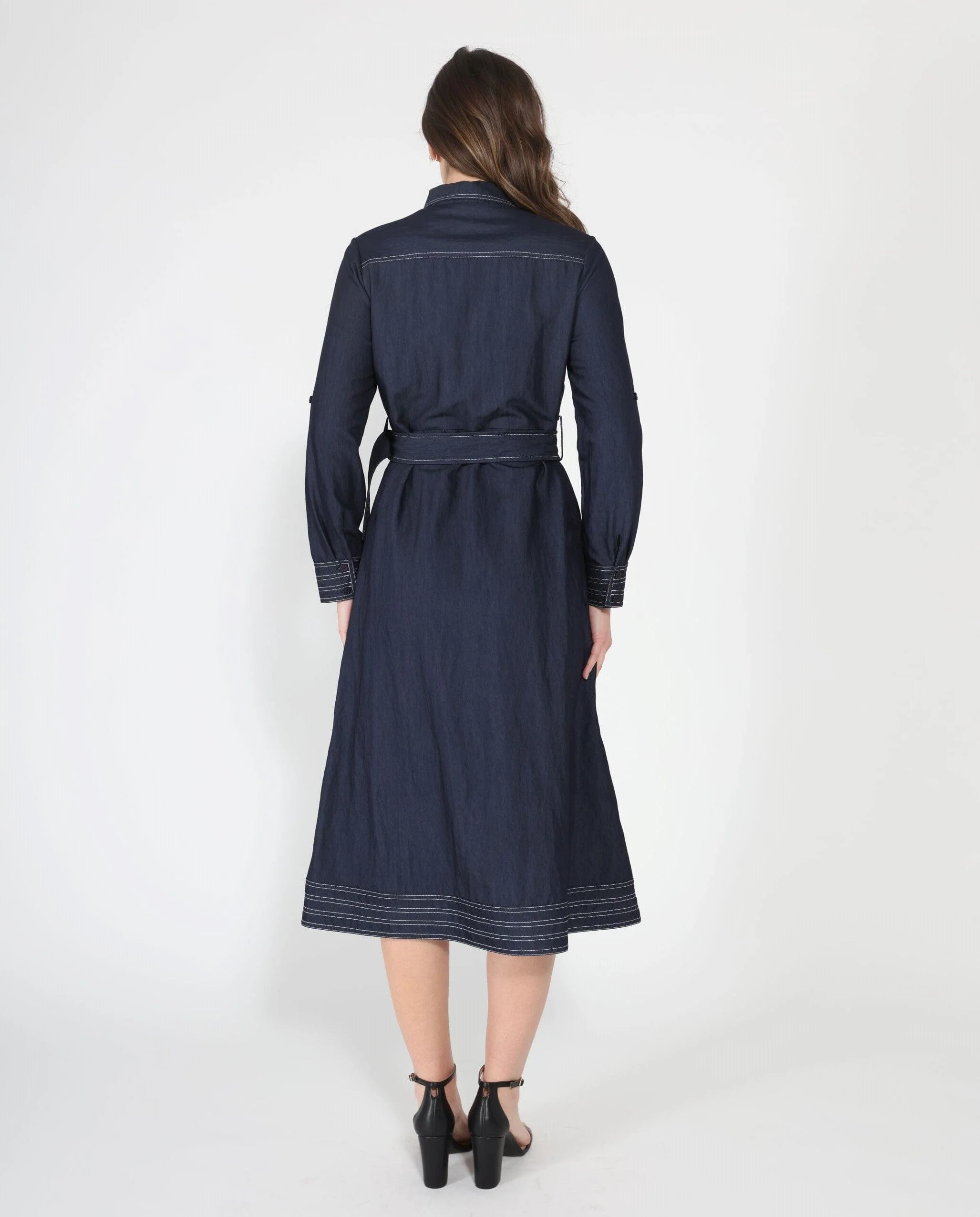 Long sleeve contrast stitch denim midi dress - Image 4