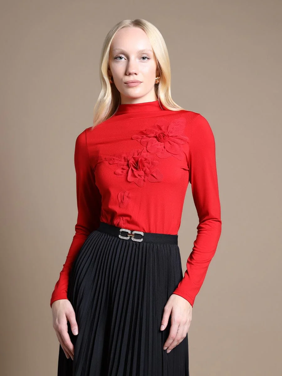 Long Sleeve Mock Neck Flower Applique Top - Image 5