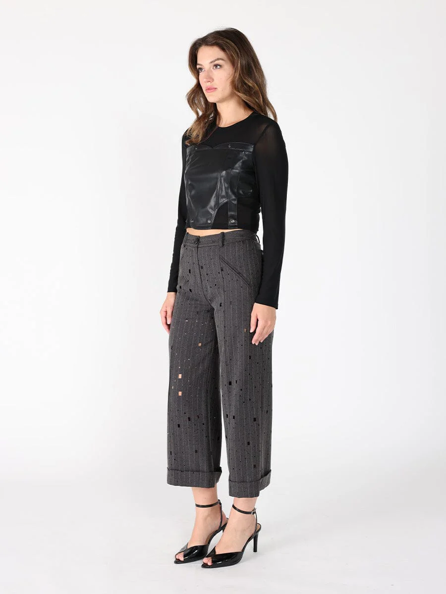 Long Sleeve Round Neck Leather Detailed Top - Image 3