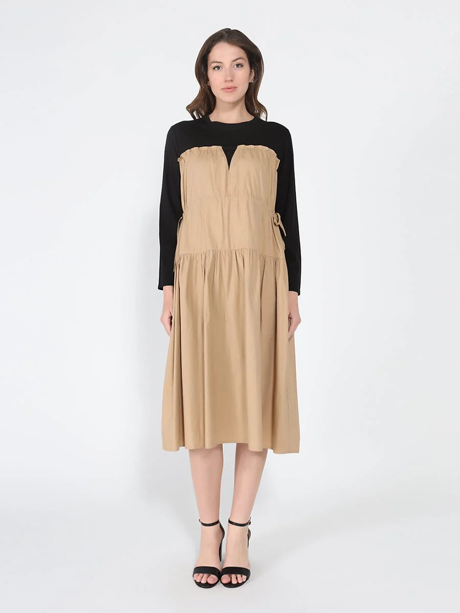 Long Sleeve Two Material Smocked Gathered Dress