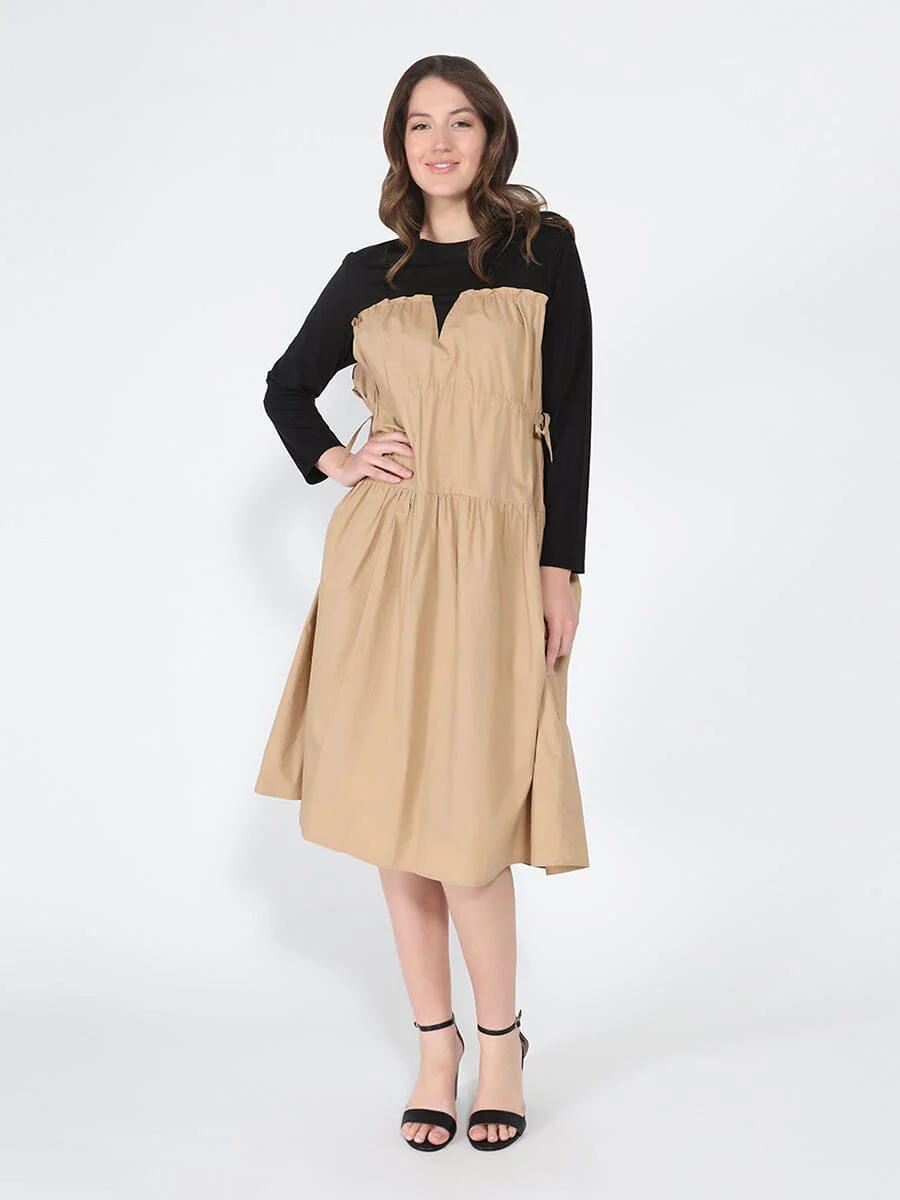 Long Sleeve Two Material Smocked Gathered Dress - Image 2