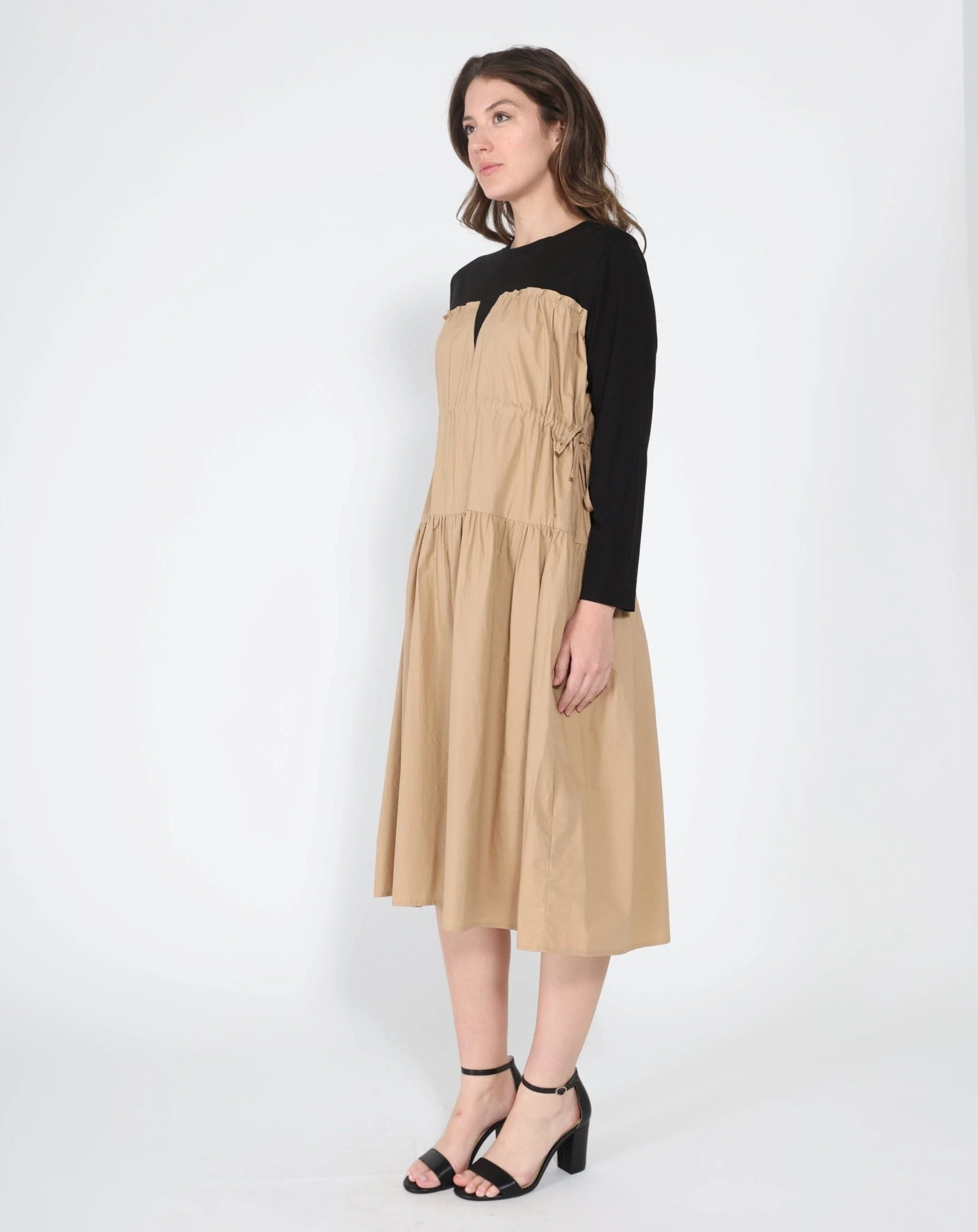 Long Sleeve Two Material Smocked Gathered Dress - Image 3