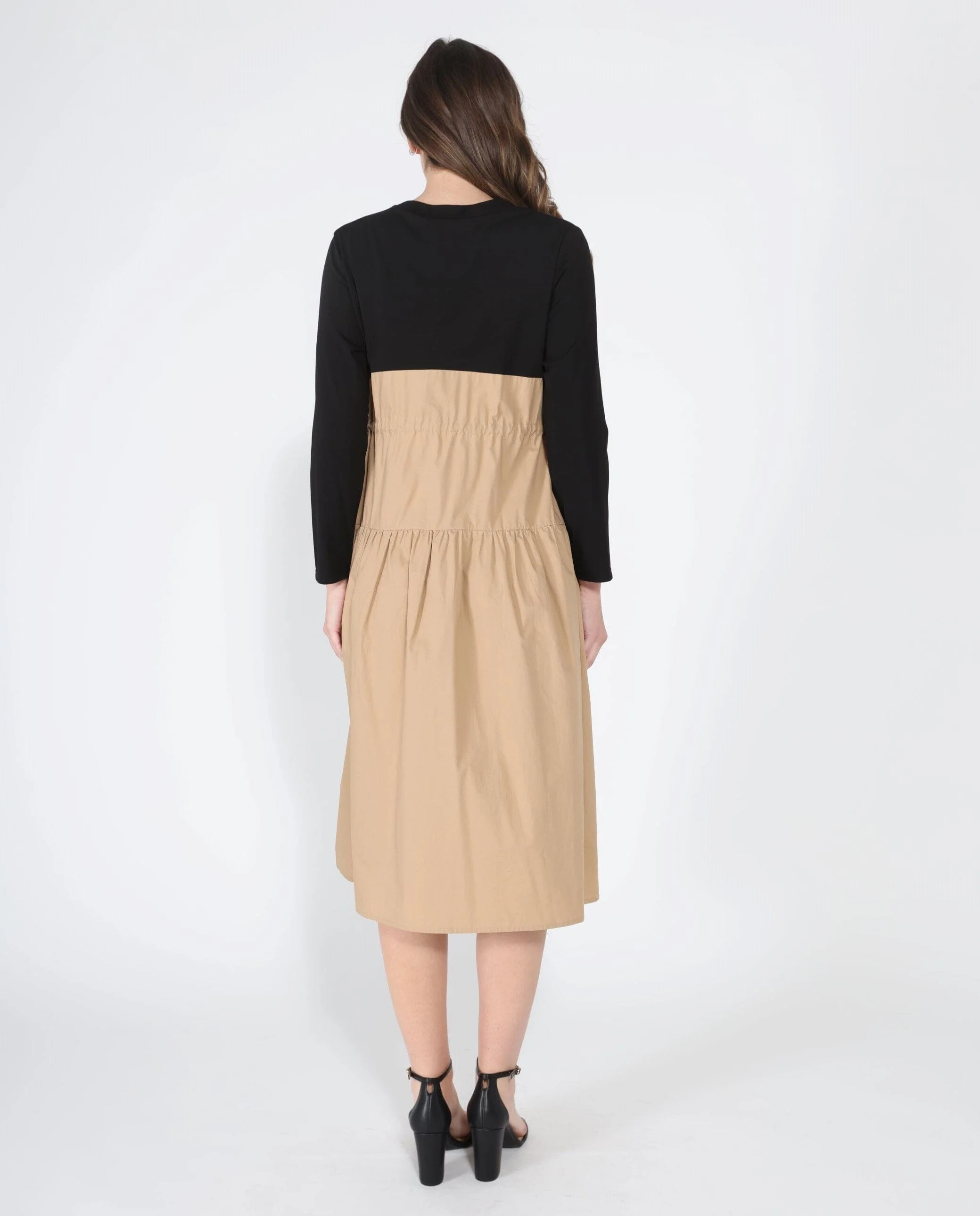 Long Sleeve Two Material Smocked Gathered Dress - Image 4