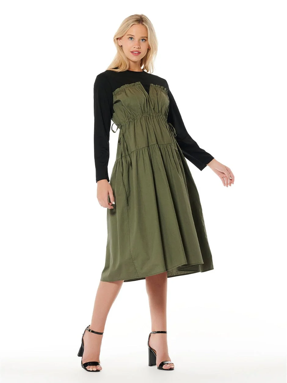 Long Sleeve Two Material Smocked Gathered Dress - Image 6