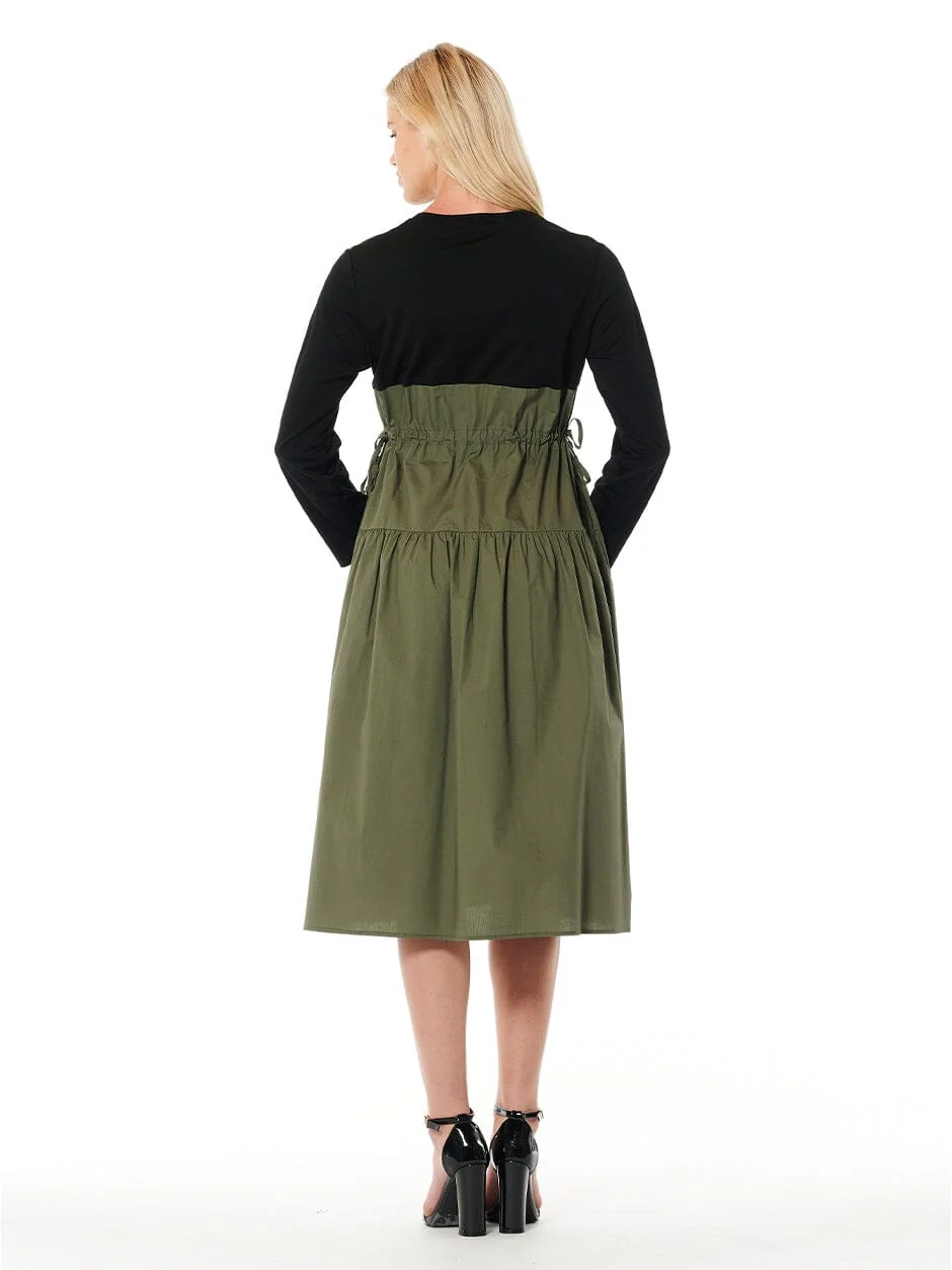 Long Sleeve Two Material Smocked Gathered Dress - Image 8