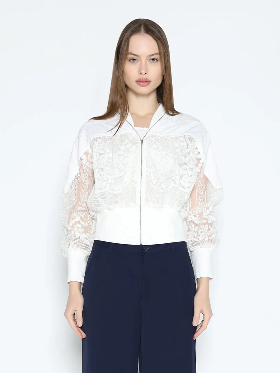 Patchwork Lace Embroidered Zip-Up Jacket