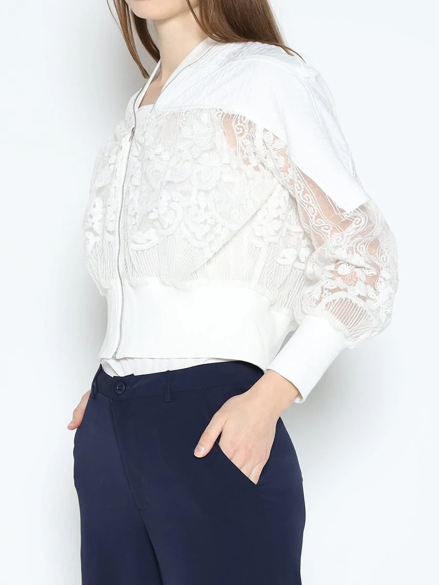 Patchwork Lace Embroidered Zip-Up Jacket - Image 3