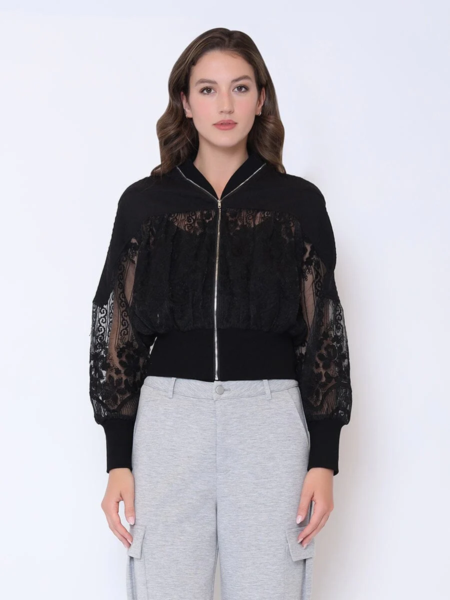 Patchwork Lace Embroidered Zip-Up Jacket - Image 5