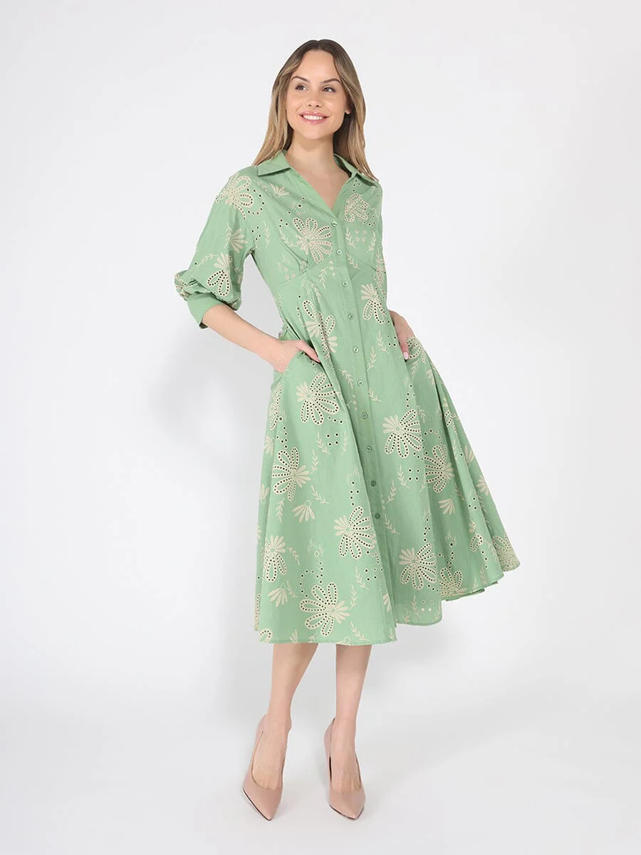 Patterned A-Line Dress with V-Neck Collar - Image 2