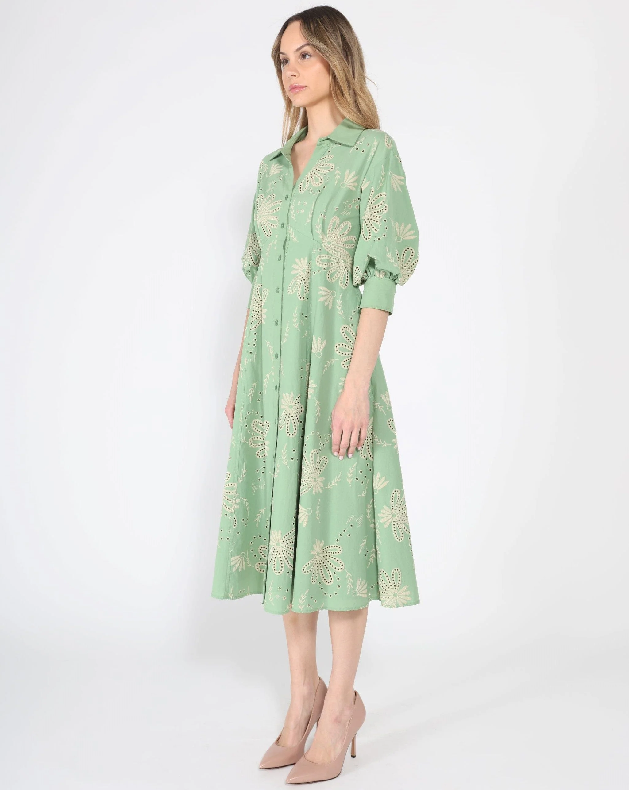 Patterned A-Line Dress with V-Neck Collar - Image 3