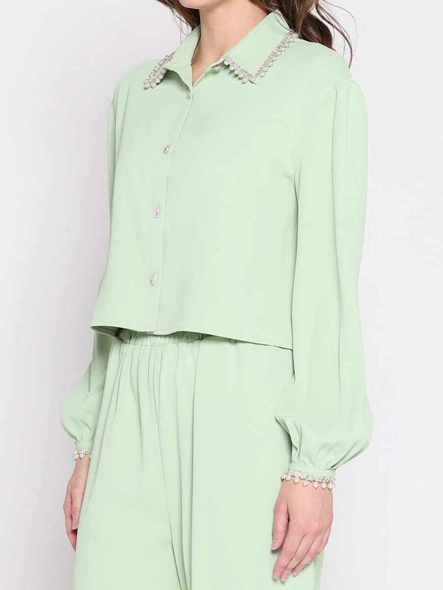Pearl Beaded Long Sleeve Cropped Top - Image 3