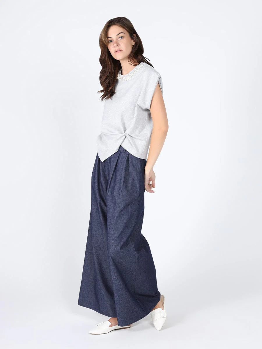 Pearl Beaded Round Neck Side Twist Knot Top - Image 2