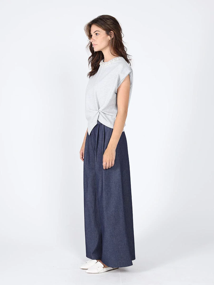Pearl Beaded Round Neck Side Twist Knot Top - Image 3