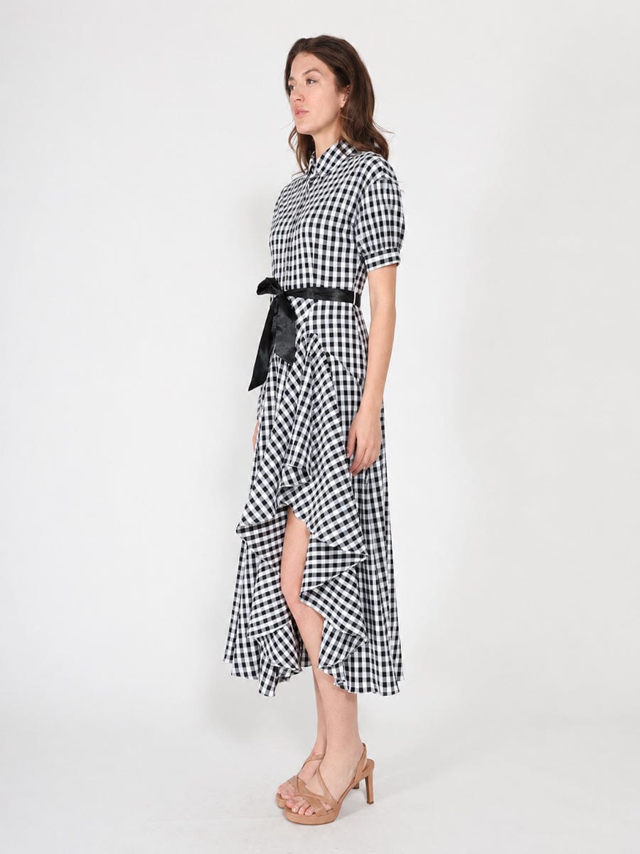 Plaid Pattern Asymmetrical Ruffle Midi Dress - Image 3