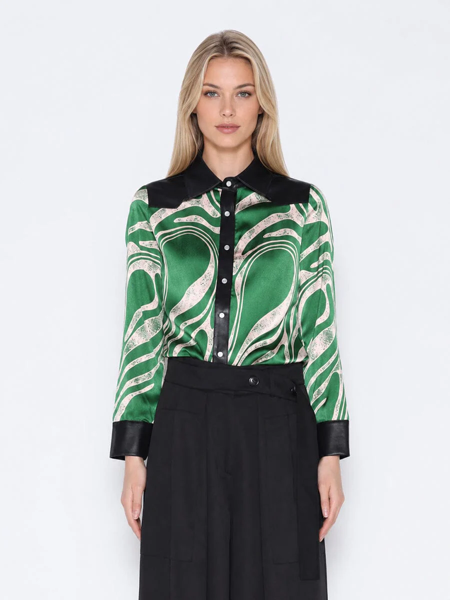 Print & Pleather Spliced Button-Down Shirt Top