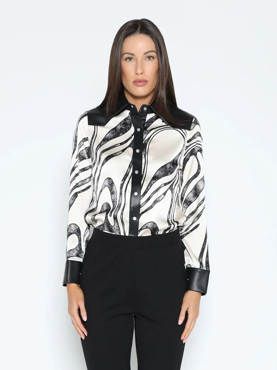 Print & Pleather Spliced Button-Down Shirt Top - Image 5