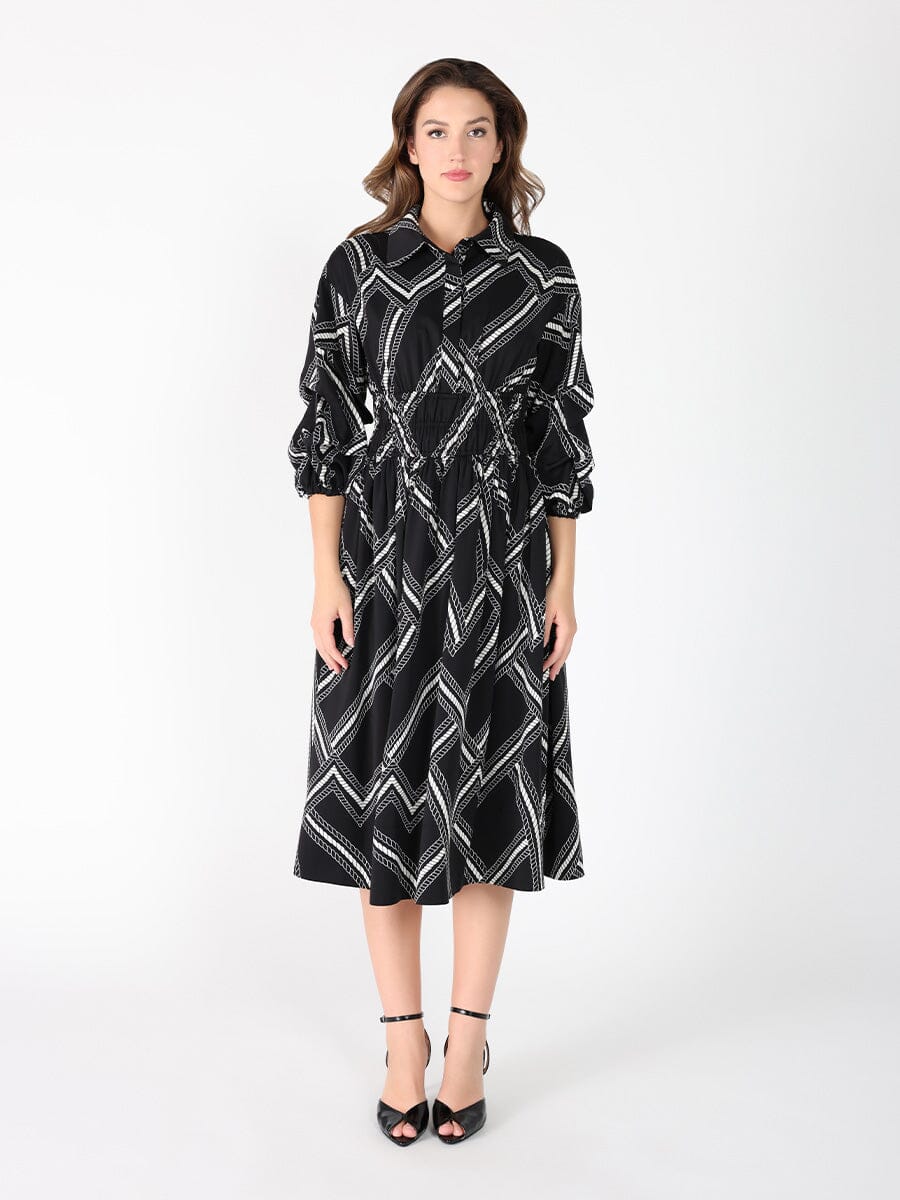 Printed shirt collar elastic waist dress