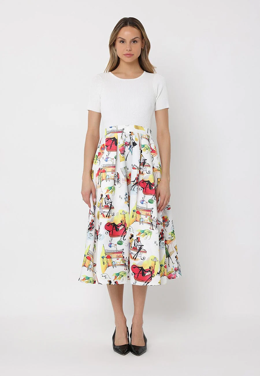 Printed Skirt w/ Ribbed Short Sleeve Top Midi Dres