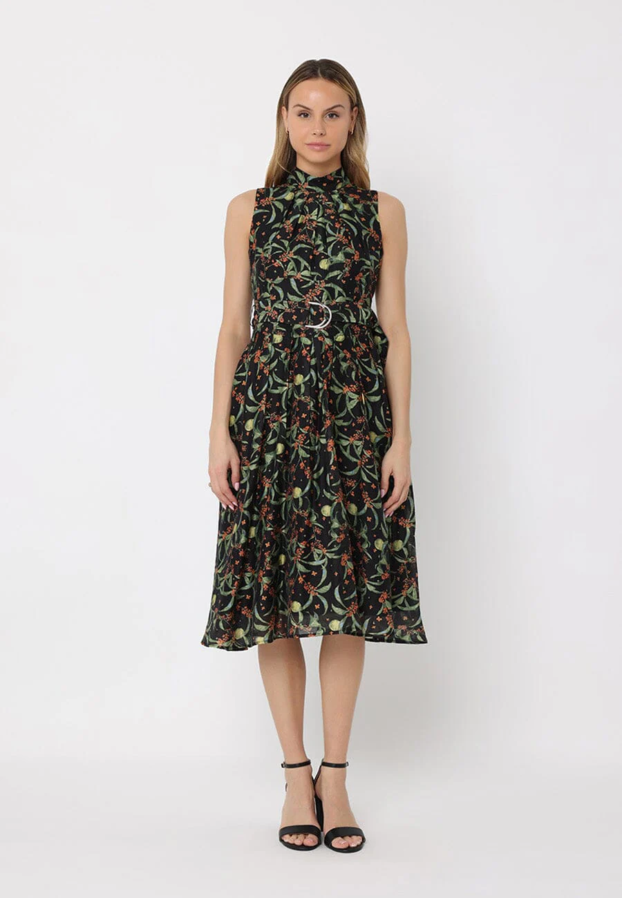 Printed sleeveless waist band dress