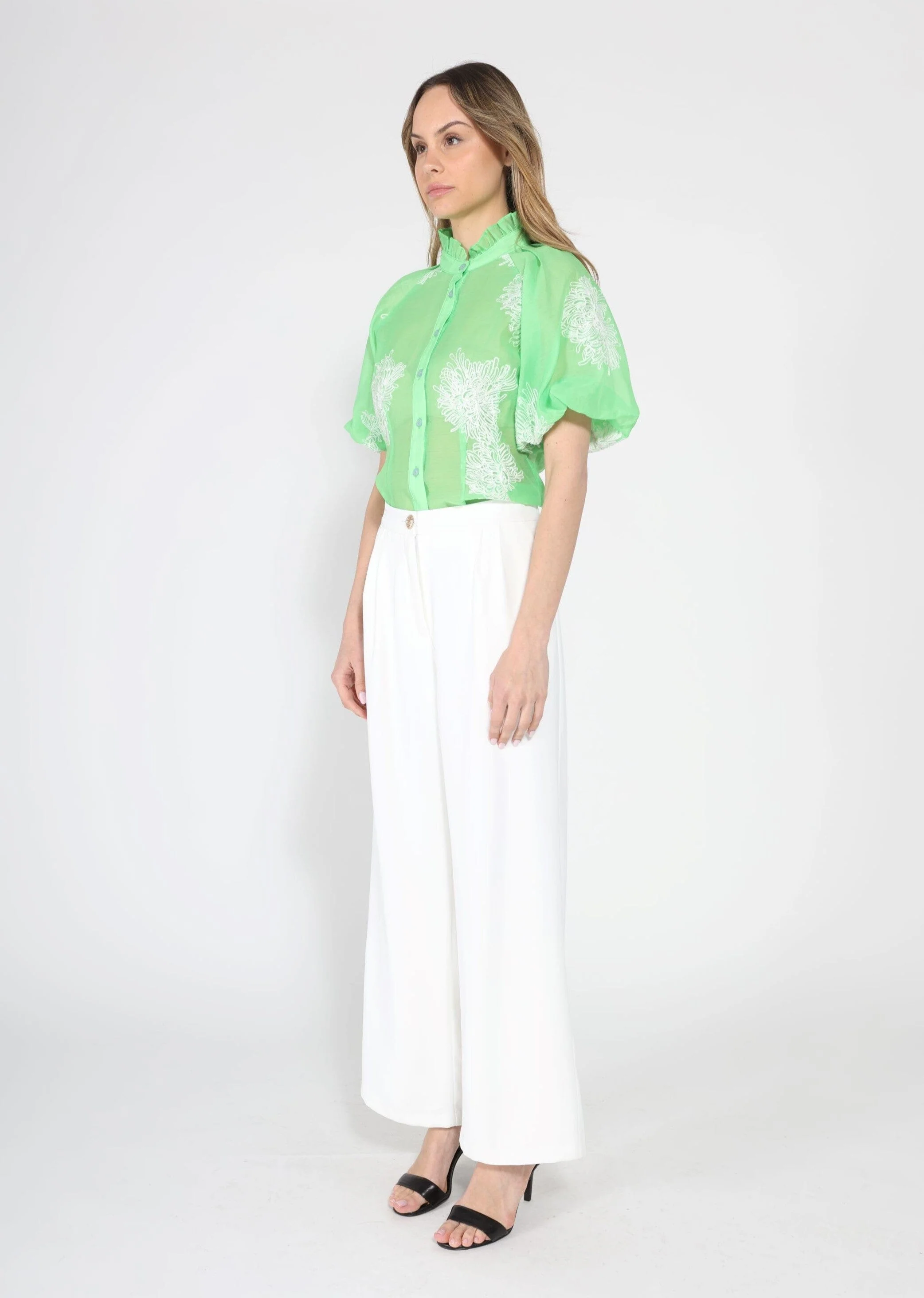 Puff sleeve embroidered organza top - Image 3