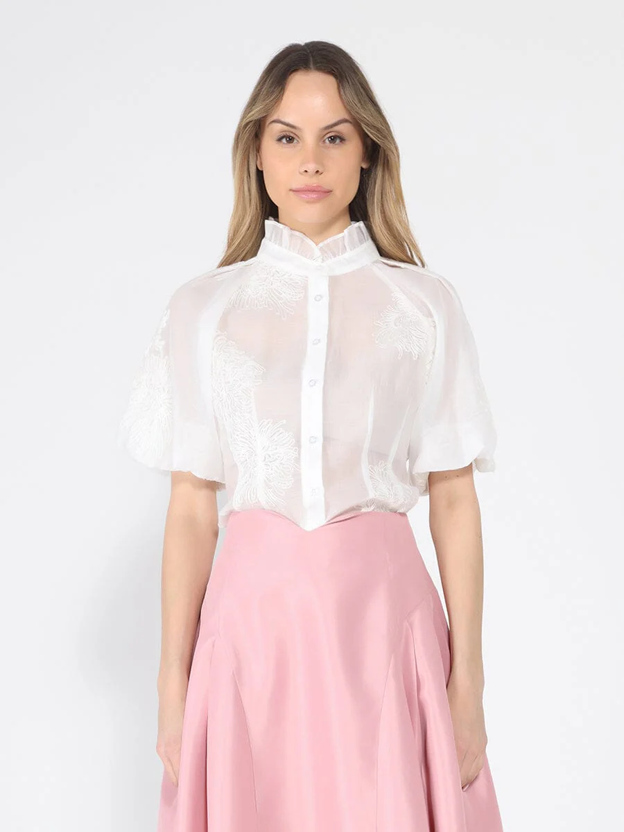 Puff sleeve embroidered organza top - Image 5
