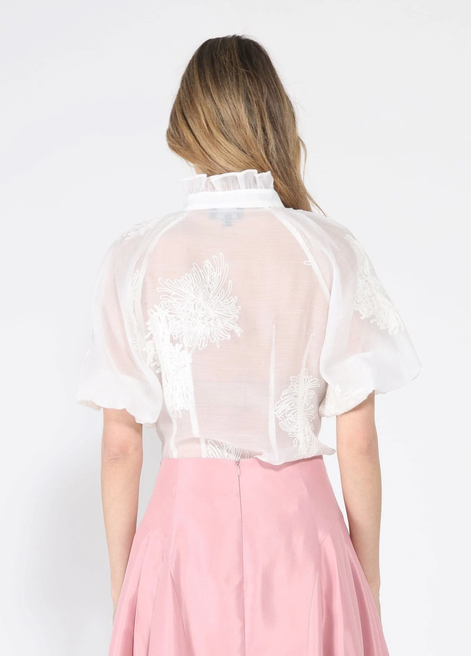 Puff sleeve embroidered organza top - Image 8