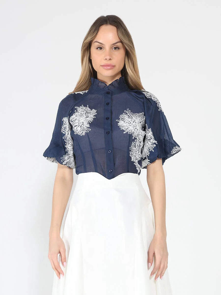 Puff sleeve embroidered organza top - Image 9