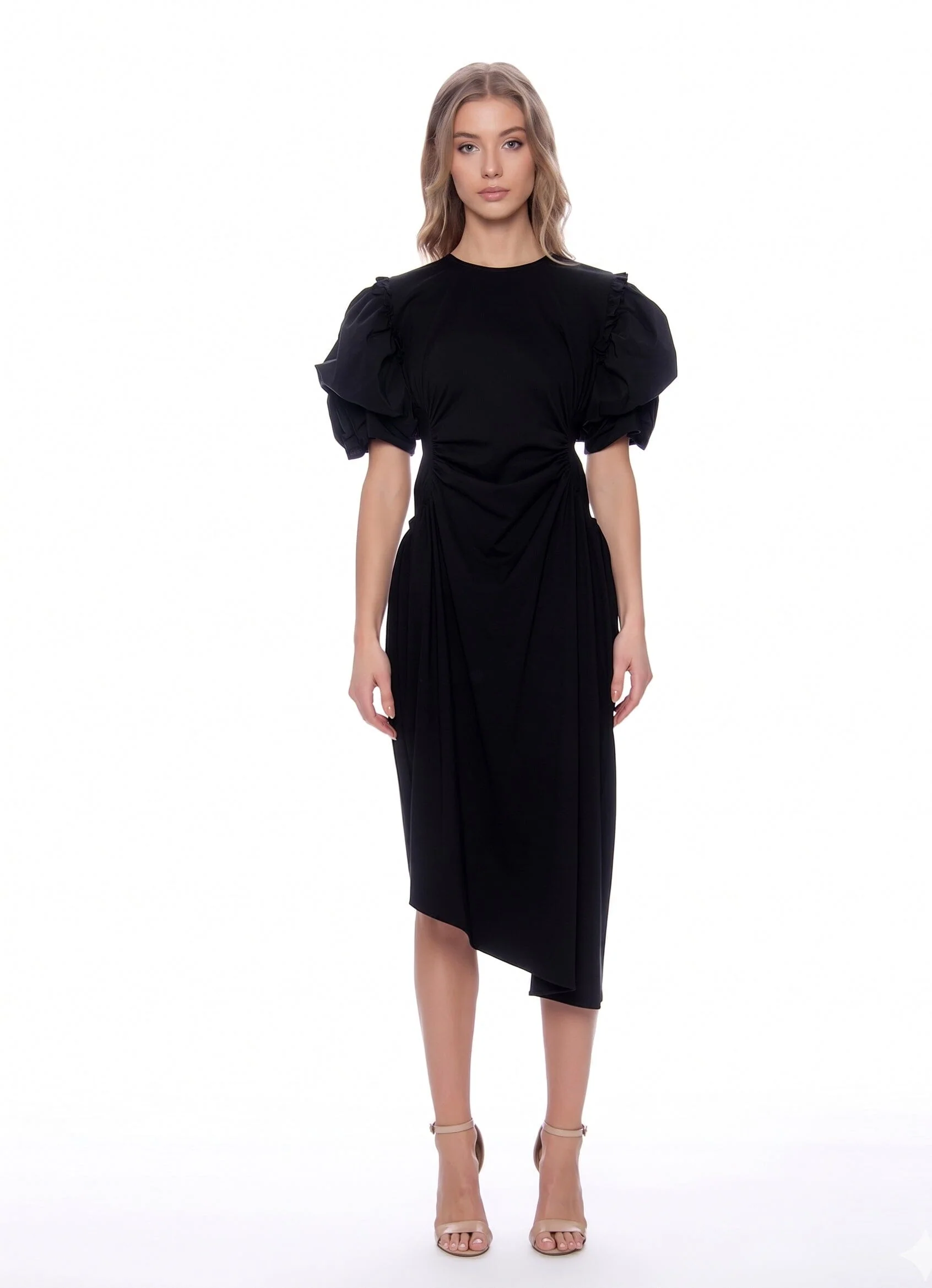 Puff Sleeve Ruched Pocketed Asymmetric Hem Dress