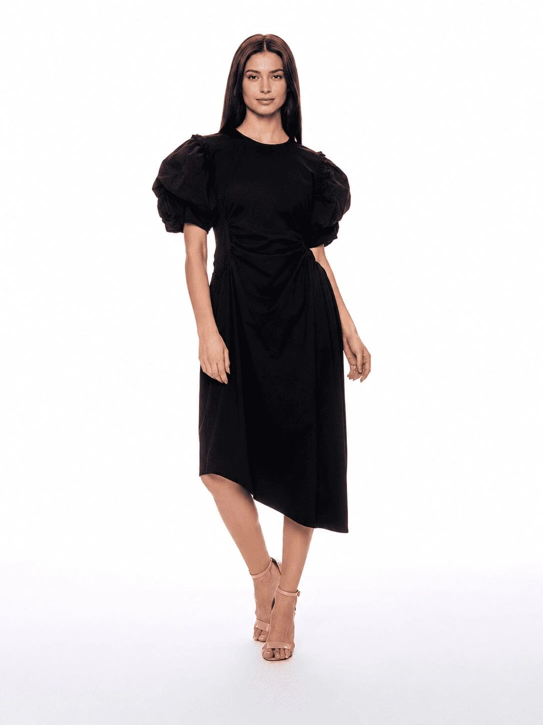 Puff Sleeve Ruched Pocketed Asymmetric Hem Dress - Image 2