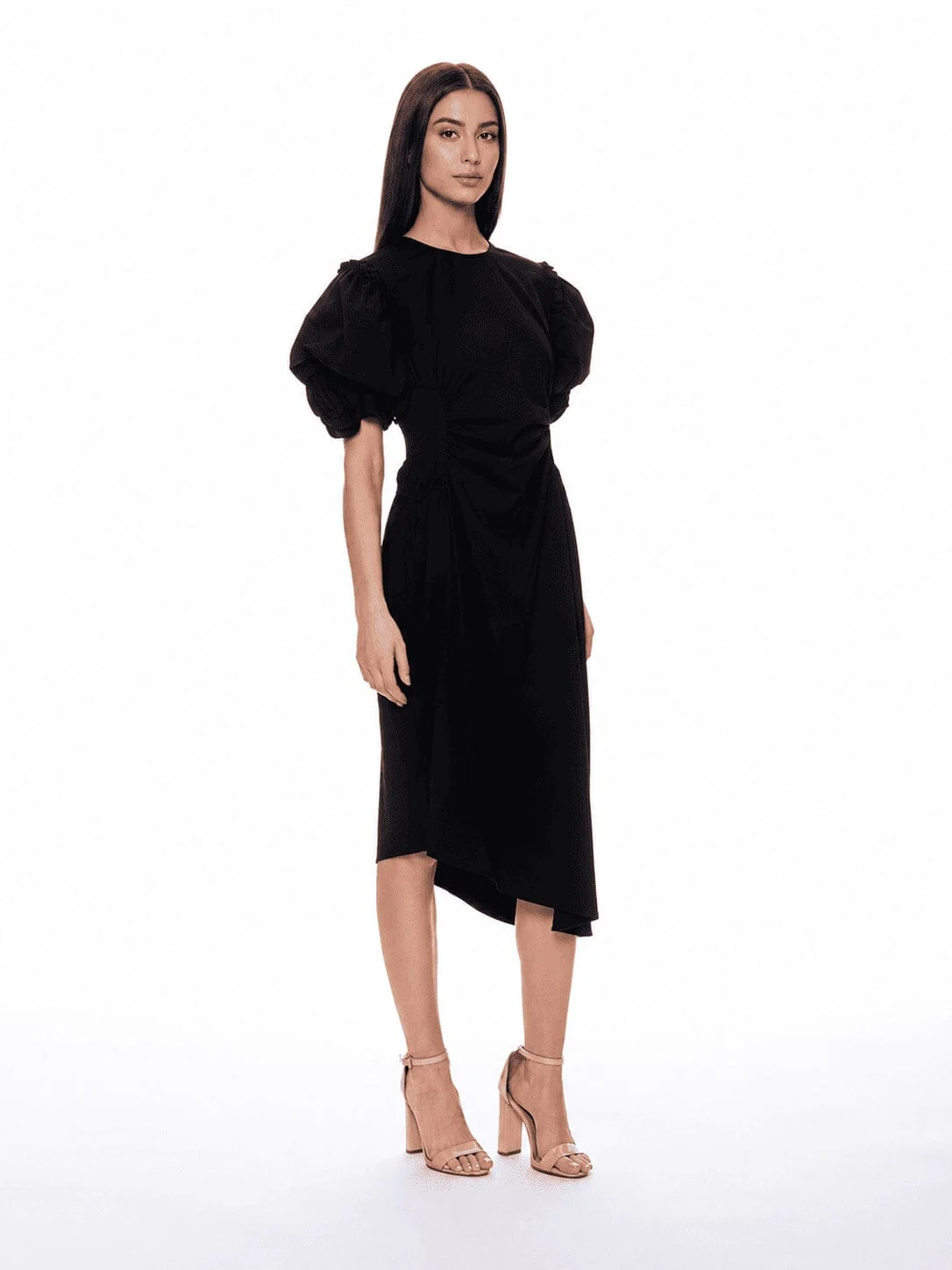 Puff Sleeve Ruched Pocketed Asymmetric Hem Dress - Image 3