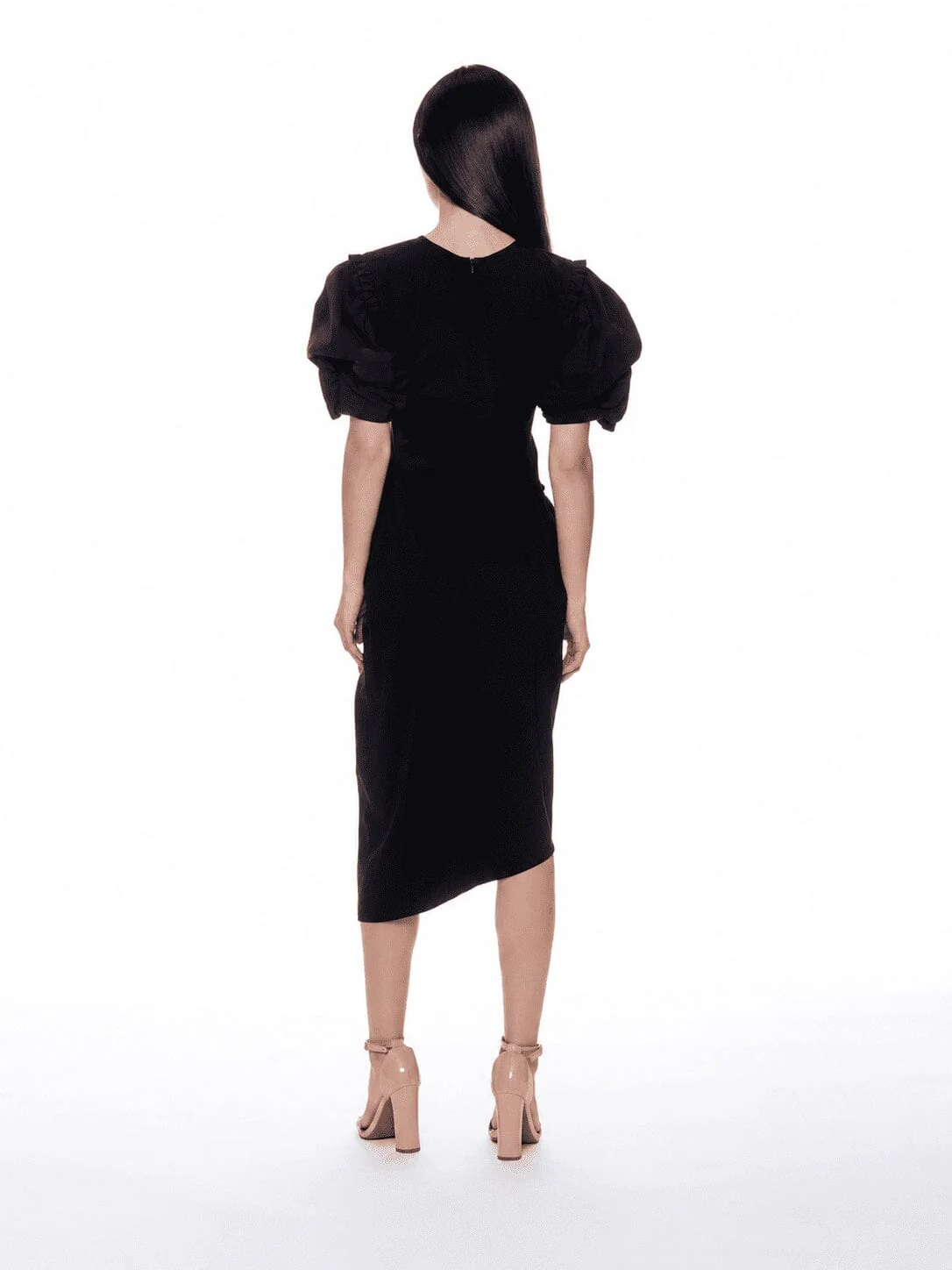 Puff Sleeve Ruched Pocketed Asymmetric Hem Dress - Image 4