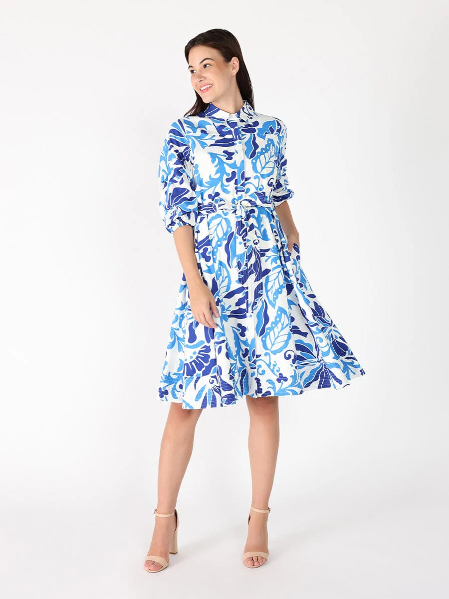 Puffed plated quater sleeve belt dress - Image 2