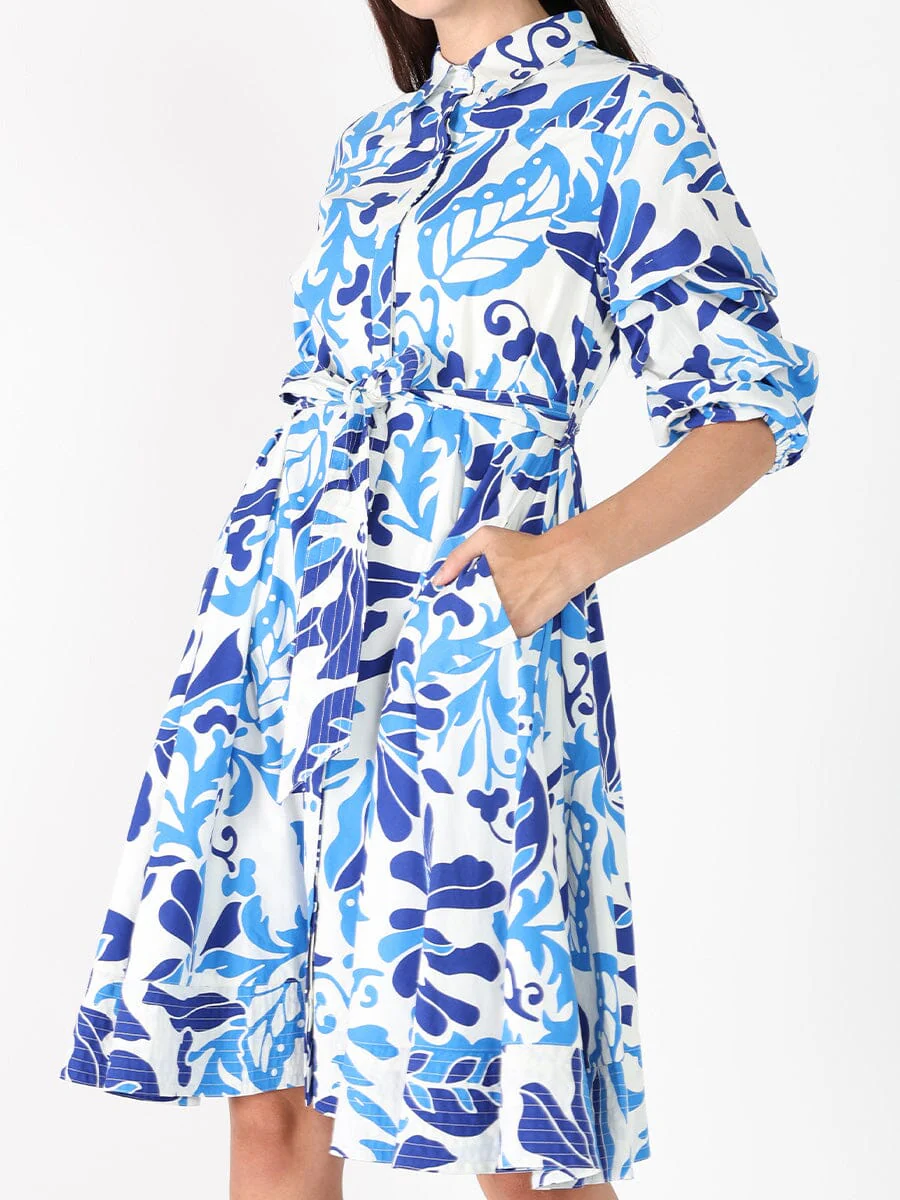 Puffed plated quater sleeve belt dress - Image 3