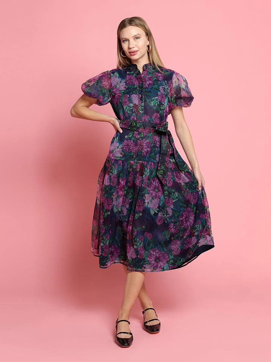 Puffed sleeve band collar belt dress