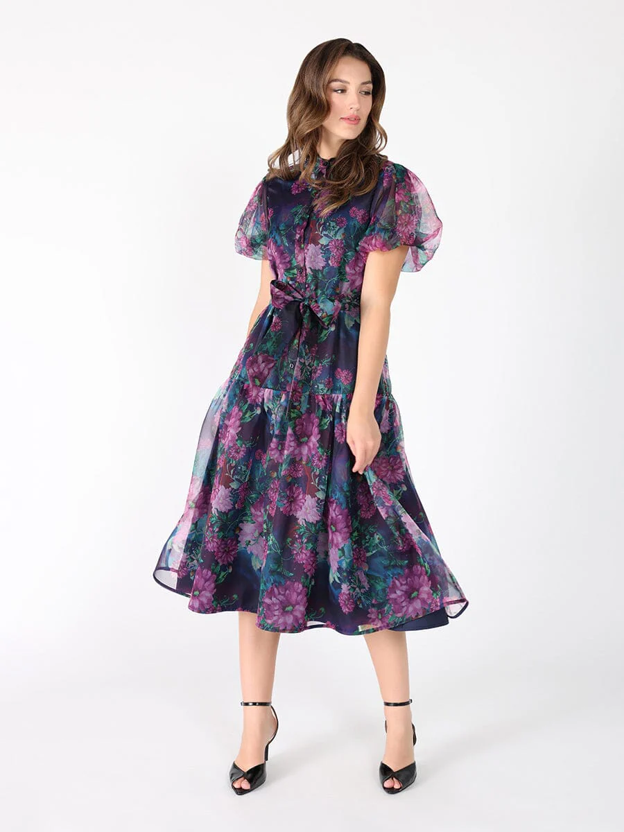 Puffed sleeve band collar belt dress - Image 2