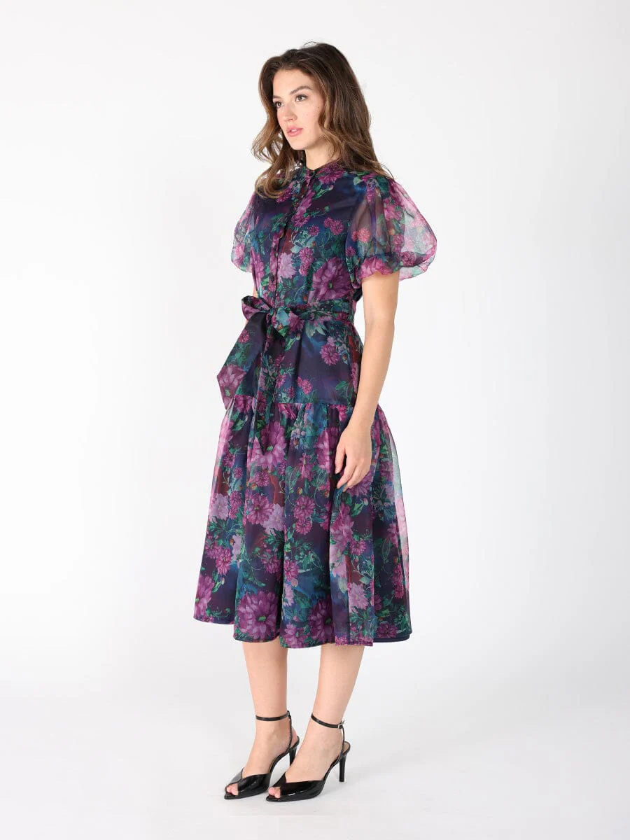 Puffed sleeve band collar belt dress - Image 3