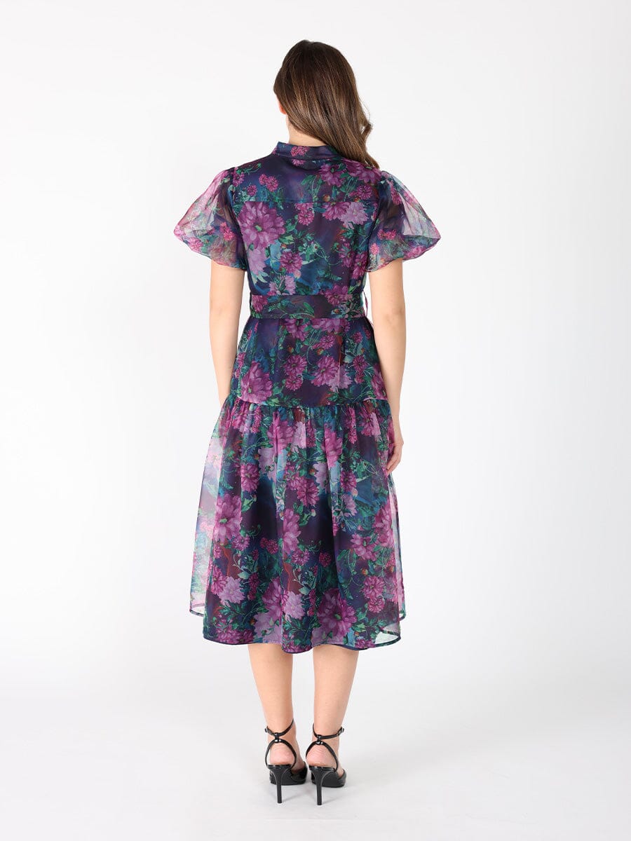 Puffed sleeve band collar belt dress - Image 6