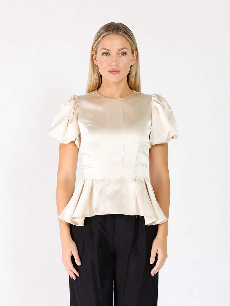 Puffed Sleeve Ruffle Bottom Crew Neck Top