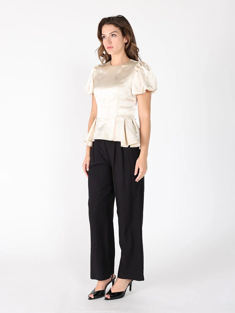 Puffed Sleeve Ruffle Bottom Crew Neck Top - Image 3