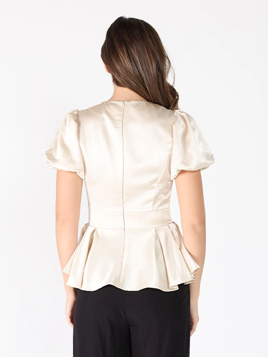 Puffed Sleeve Ruffle Bottom Crew Neck Top - Image 4