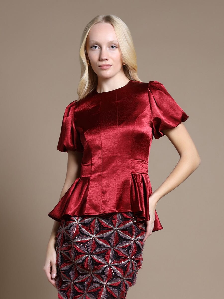 Puffed Sleeve Ruffle Bottom Crew Neck Top - Image 5